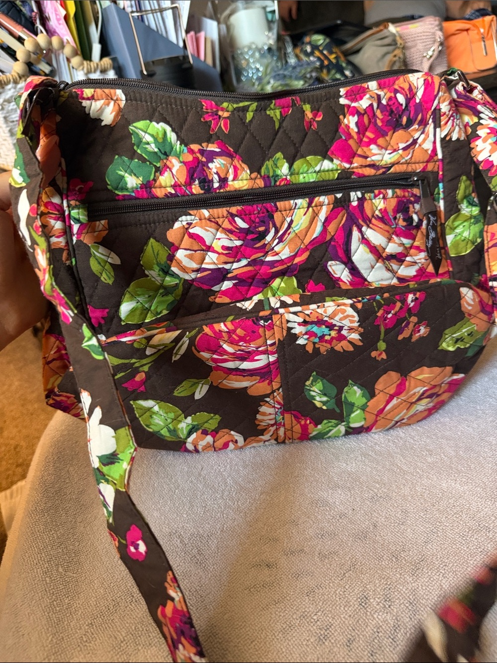 Vera Bradley Quilted Floral Shoulder Bag - Brown with Pink & Green